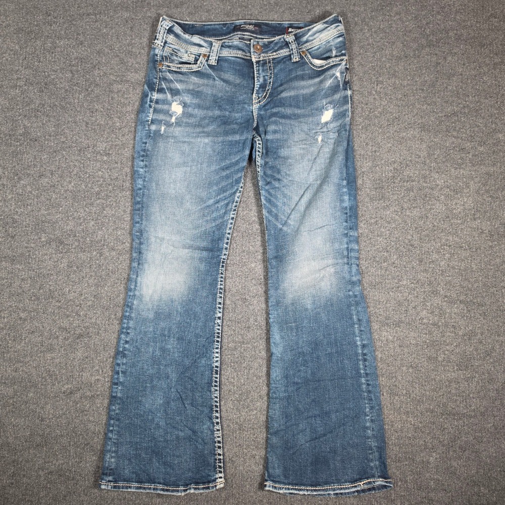 Silver Jeans Co Suki Mid Boot Jeans W32 L33 Distressed Super Stretch Denim